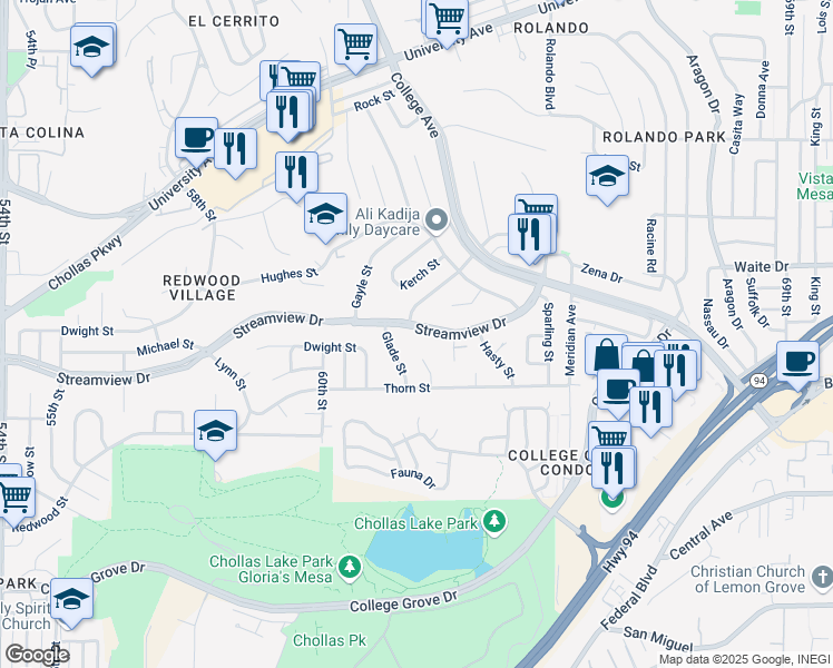map of restaurants, bars, coffee shops, grocery stores, and more near 6145 Streamview Drive in San Diego