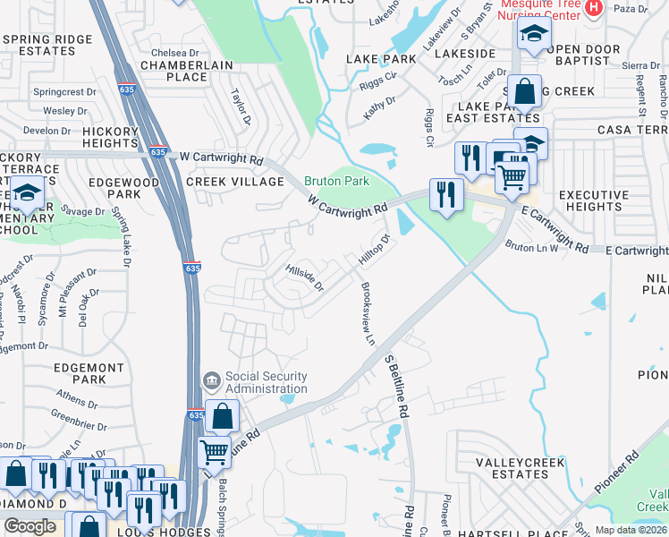 map of restaurants, bars, coffee shops, grocery stores, and more near 12802 Park Hill Court in Balch Springs