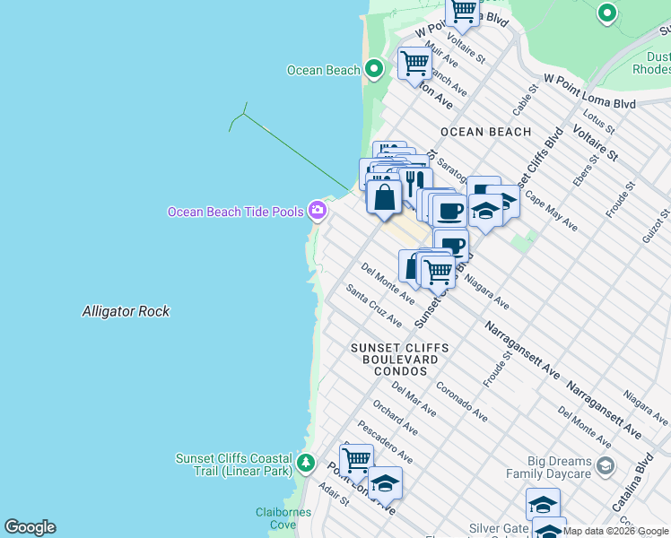 map of restaurants, bars, coffee shops, grocery stores, and more near 5018 Santa Cruz Avenue in San Diego