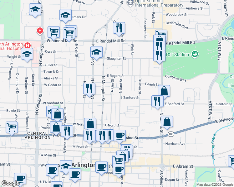 map of restaurants, bars, coffee shops, grocery stores, and more near 602 North East Street in Arlington