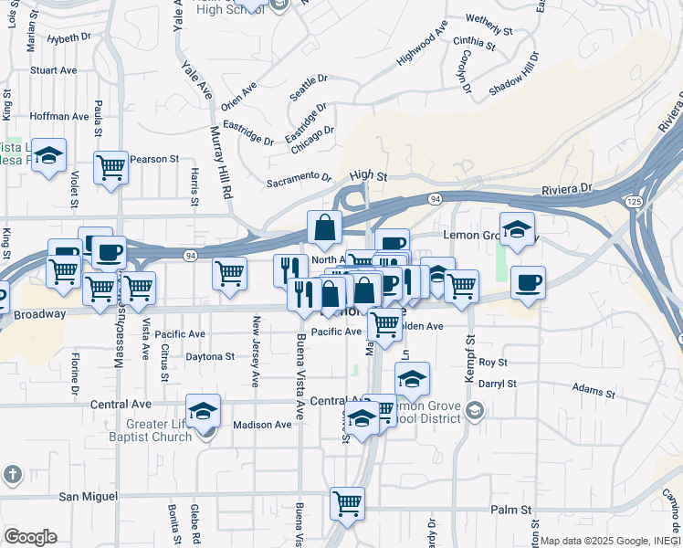 map of restaurants, bars, coffee shops, grocery stores, and more near 7663 Lemon Avenue in Lemon Grove