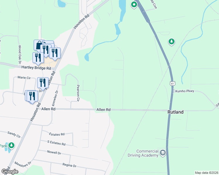 map of restaurants, bars, coffee shops, grocery stores, and more near 2591 Allen Road in Macon