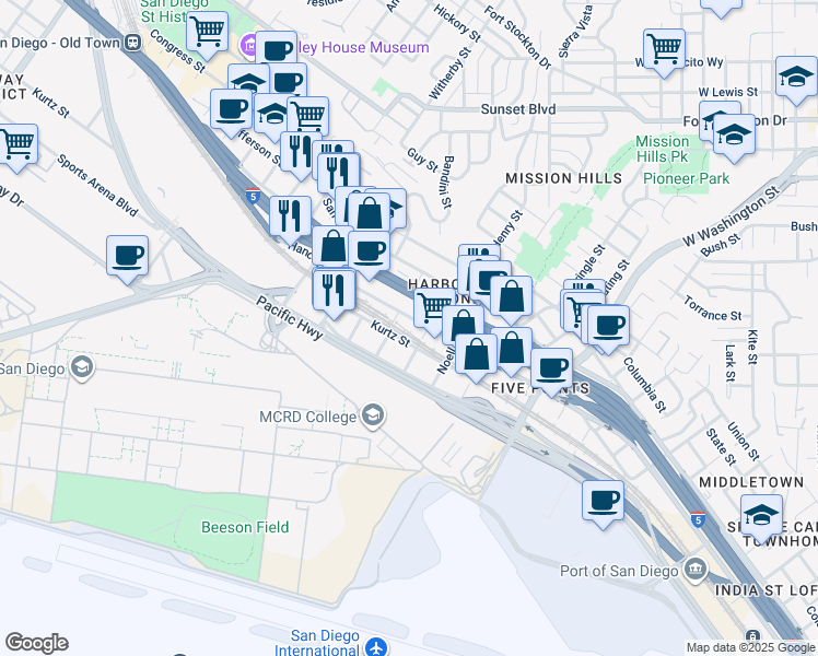 map of restaurants, bars, coffee shops, grocery stores, and more near 2015 Hancock Street in San Diego