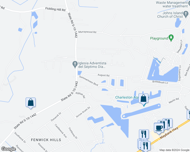 map of restaurants, bars, coffee shops, grocery stores, and more near 2837 August Road in Johns Island