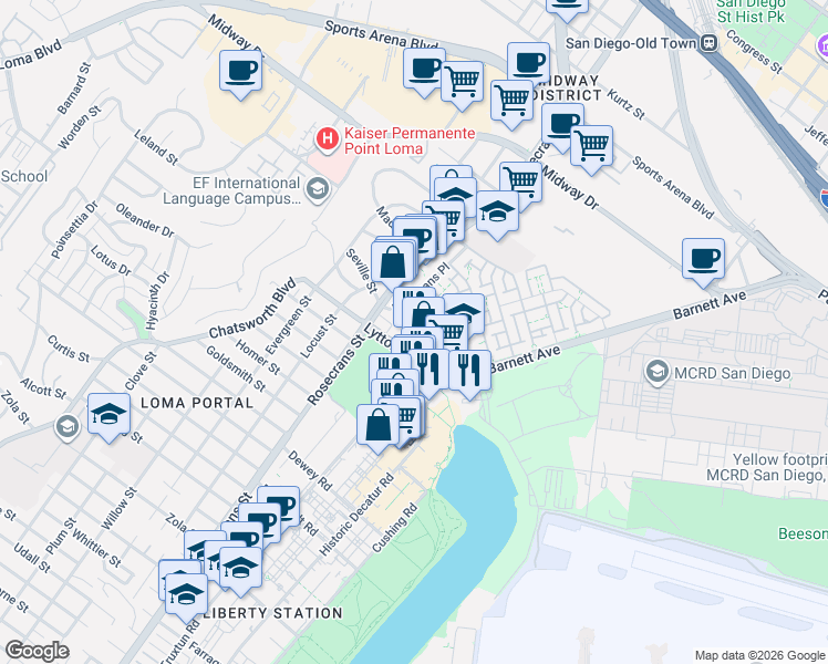 map of restaurants, bars, coffee shops, grocery stores, and more near 2833 Cadiz Street in San Diego