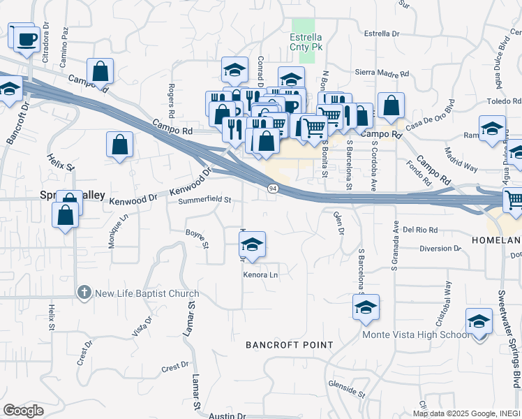 map of restaurants, bars, coffee shops, grocery stores, and more near 3541 Kenora Drive in Spring Valley