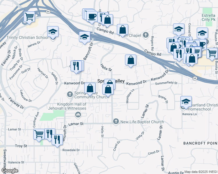 map of restaurants, bars, coffee shops, grocery stores, and more near 3423 Helix Street in Spring Valley