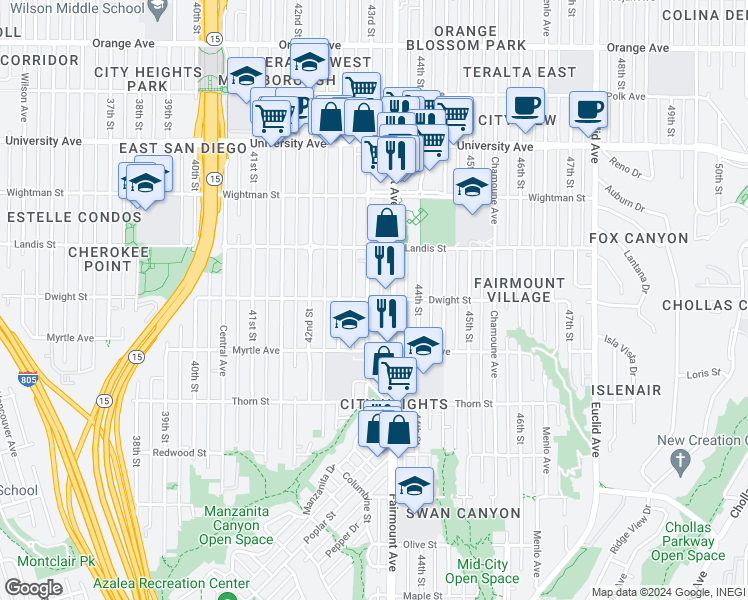 map of restaurants, bars, coffee shops, grocery stores, and more near 3569 43rd Street in San Diego
