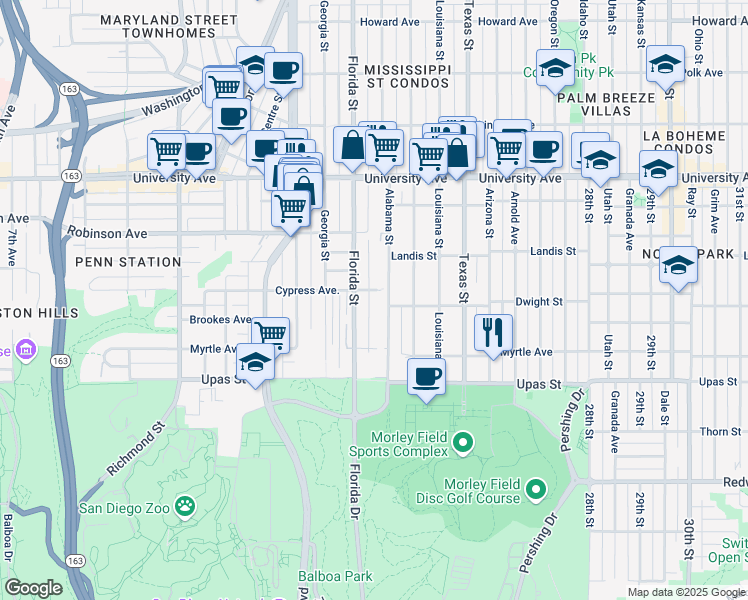 map of restaurants, bars, coffee shops, grocery stores, and more near 3606 Alabama Street in San Diego