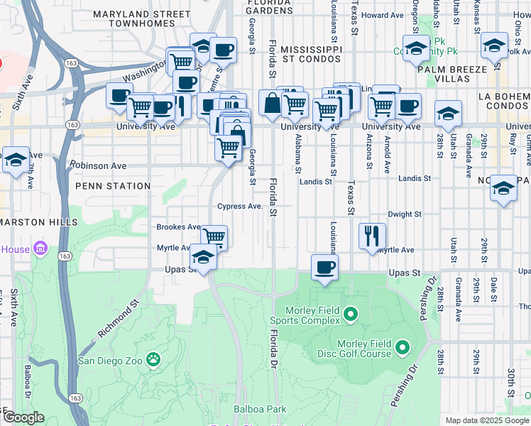 map of restaurants, bars, coffee shops, grocery stores, and more near 3606 Florida Street in San Diego