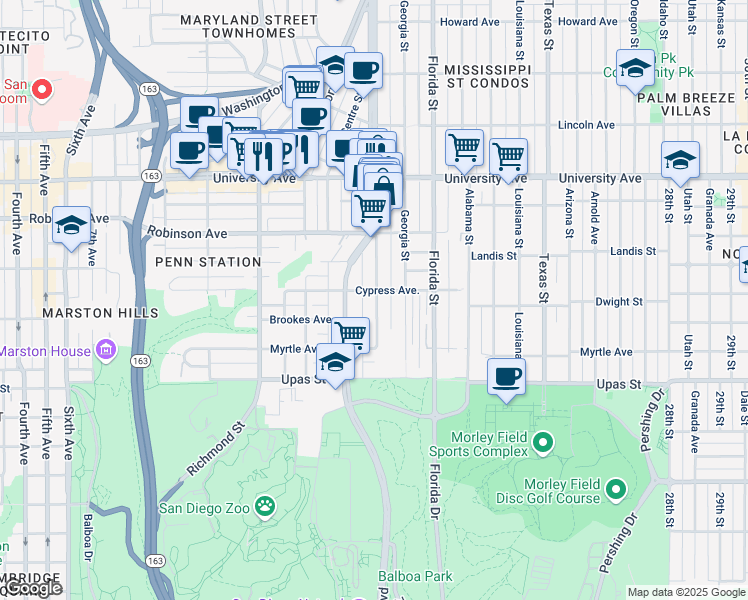 map of restaurants, bars, coffee shops, grocery stores, and more near 3611 Park Boulevard in San Diego