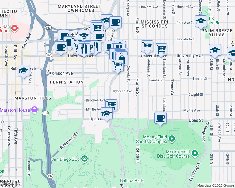 map of restaurants, bars, coffee shops, grocery stores, and more near 3611 Park Boulevard in San Diego