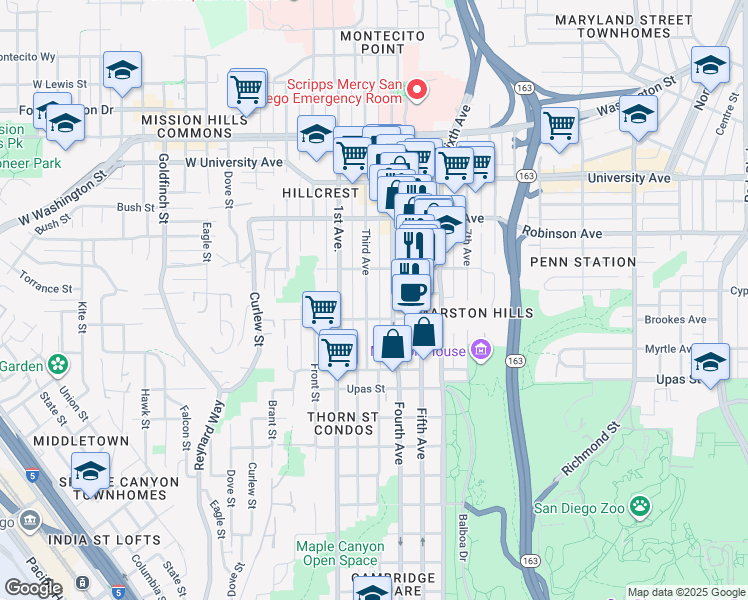 map of restaurants, bars, coffee shops, grocery stores, and more near in San Diego
