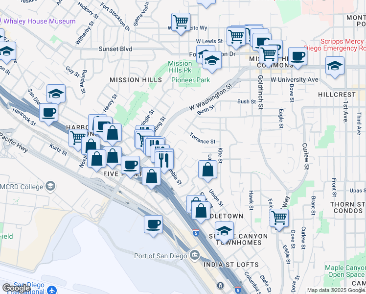 map of restaurants, bars, coffee shops, grocery stores, and more near 2 Guy Street in San Diego