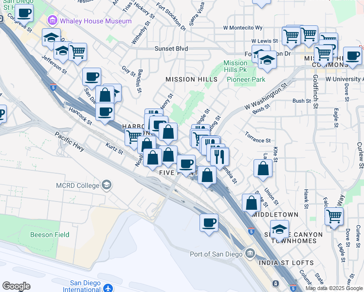 map of restaurants, bars, coffee shops, grocery stores, and more near 1748 San Diego Avenue in San Diego