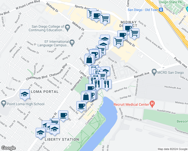map of restaurants, bars, coffee shops, grocery stores, and more near 3031 Saint Charles Street in San Diego