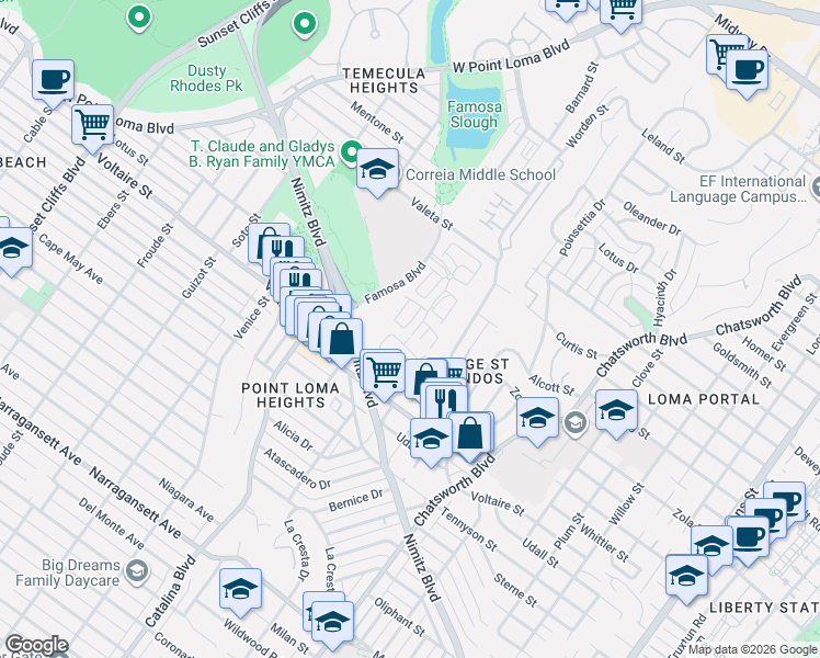 map of restaurants, bars, coffee shops, grocery stores, and more near 2298 Caminito Pajarito in San Diego