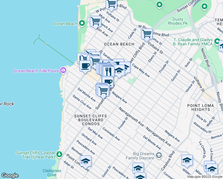 map of restaurants, bars, coffee shops, grocery stores, and more near 4758 Niagara Avenue in San Diego