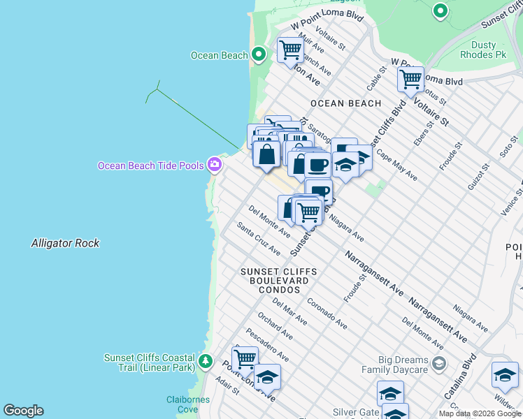 map of restaurants, bars, coffee shops, grocery stores, and more near 4921 Del Monte Avenue in San Diego