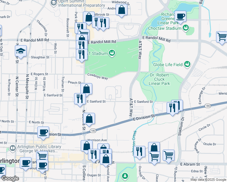 map of restaurants, bars, coffee shops, grocery stores, and more near 971 East Sanford Street in Arlington