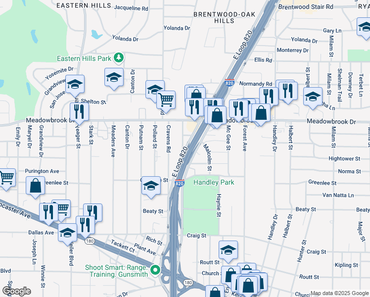 map of restaurants, bars, coffee shops, grocery stores, and more near 2508 East Loop 820 Service Road West in Fort Worth