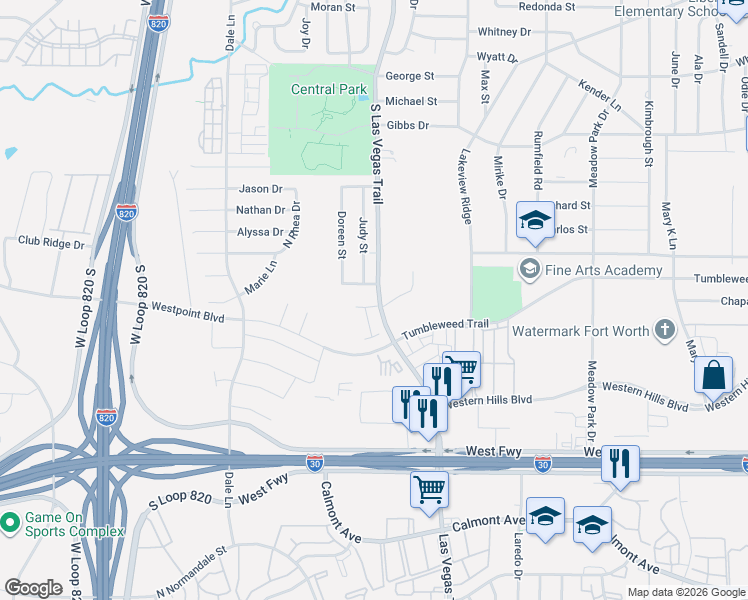 map of restaurants, bars, coffee shops, grocery stores, and more near 1405 Sun Drive in White Settlement