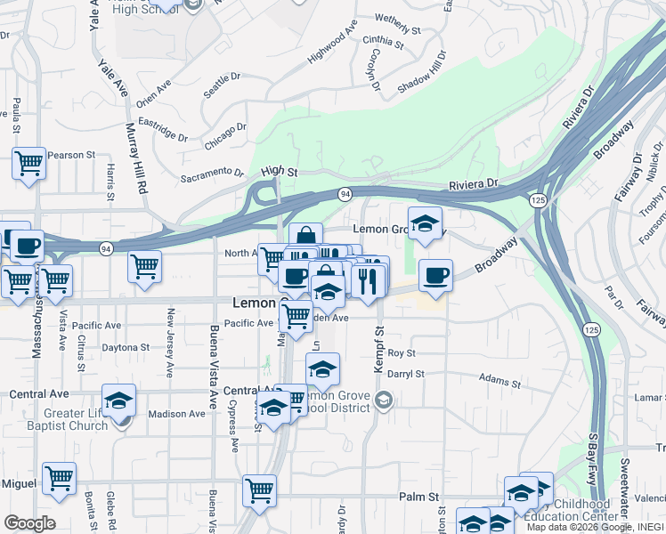 map of restaurants, bars, coffee shops, grocery stores, and more near 7902-8 Lester Avenue in Lemon Grove
