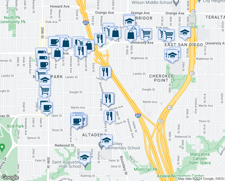 map of restaurants, bars, coffee shops, grocery stores, and more near 3609 Nile Street in San Diego