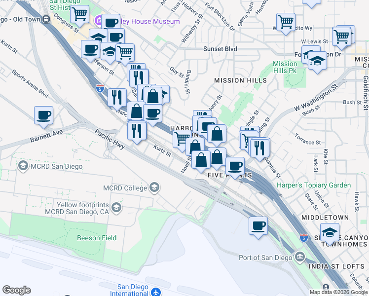 map of restaurants, bars, coffee shops, grocery stores, and more near 1929 Hancock Street in San Diego