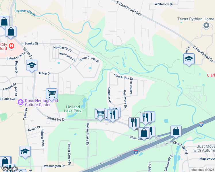 map of restaurants, bars, coffee shops, grocery stores, and more near 209 Camelot Drive in Weatherford