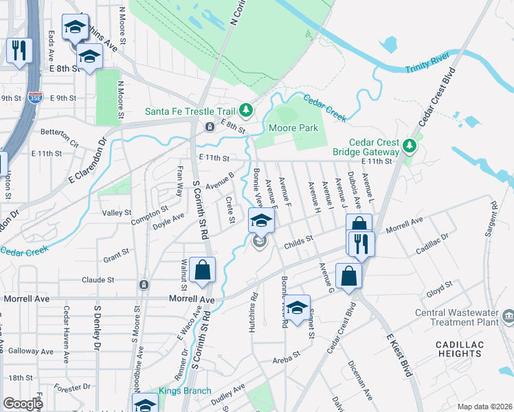 map of restaurants, bars, coffee shops, grocery stores, and more near 426 Bonnie View Road in Dallas