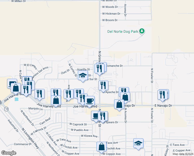 map of restaurants, bars, coffee shops, grocery stores, and more near 907 West Calle Sur Street in Hobbs