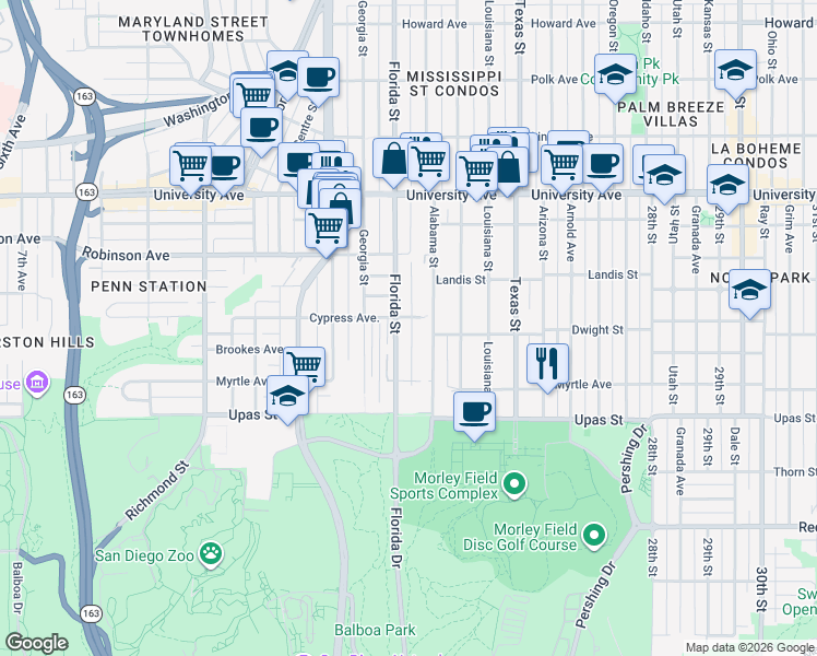 map of restaurants, bars, coffee shops, grocery stores, and more near 2021 Cypress Avenue in San Diego