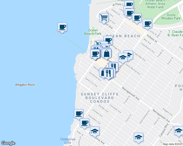 map of restaurants, bars, coffee shops, grocery stores, and more near 4960 Del Monte Avenue in San Diego