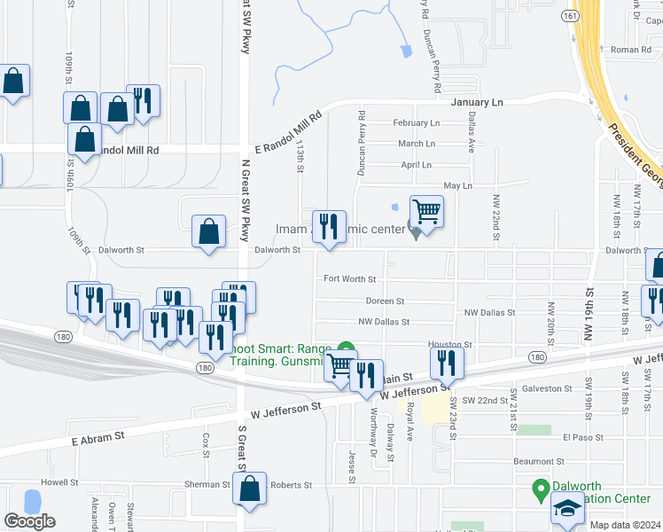 map of restaurants, bars, coffee shops, grocery stores, and more near 2462 Fort Worth Street in Grand Prairie