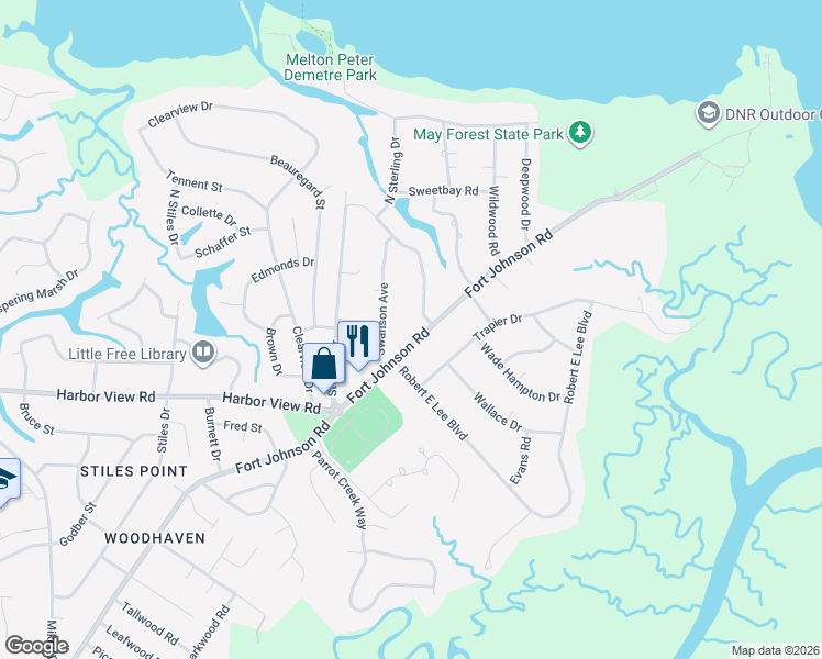 map of restaurants, bars, coffee shops, grocery stores, and more near 552 Fort Johnson Road in Charleston