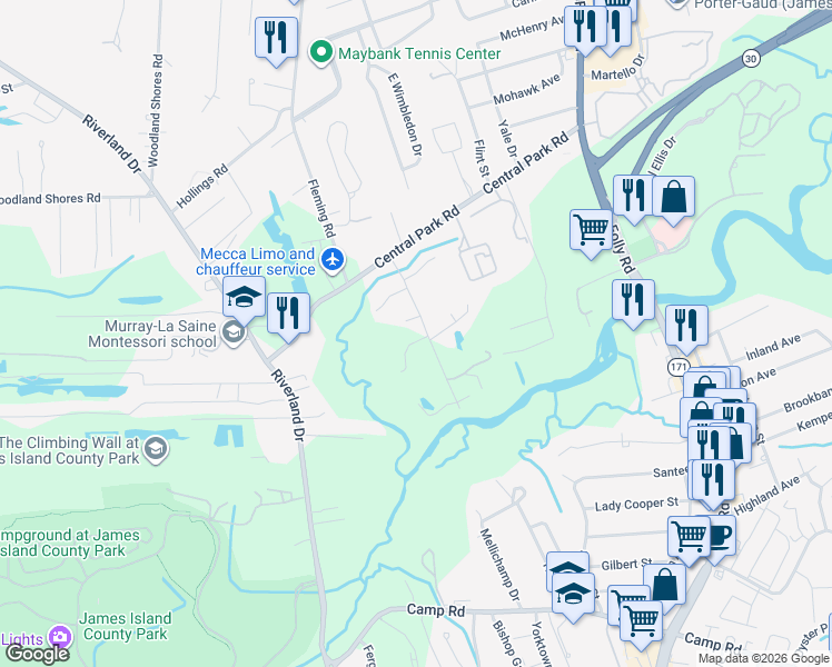 map of restaurants, bars, coffee shops, grocery stores, and more near 687 Riley Road in Charleston