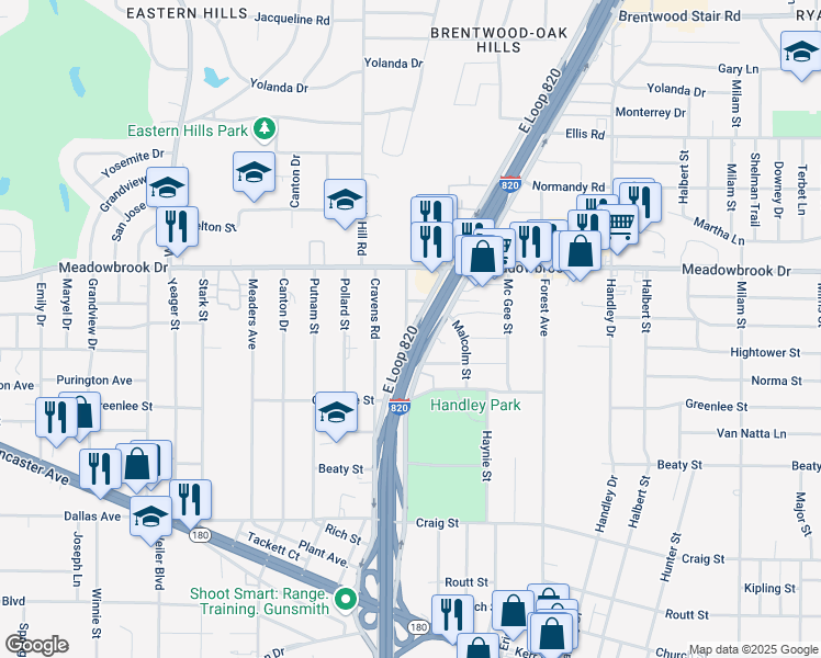 map of restaurants, bars, coffee shops, grocery stores, and more near 2508 East Loop 820 Service Road West in Fort Worth