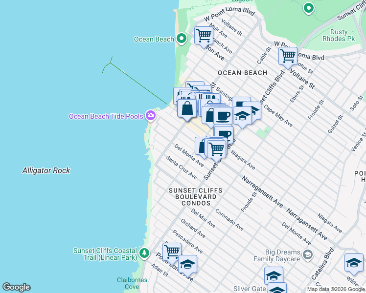 map of restaurants, bars, coffee shops, grocery stores, and more near 4921 Del Monte Avenue in San Diego