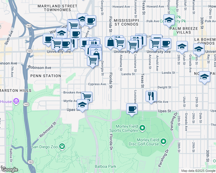 map of restaurants, bars, coffee shops, grocery stores, and more near 3606 Florida Street in San Diego