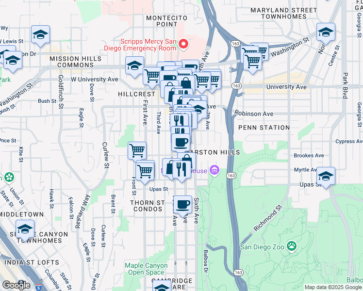 map of restaurants, bars, coffee shops, grocery stores, and more near 3580 Fifth Avenue in San Diego