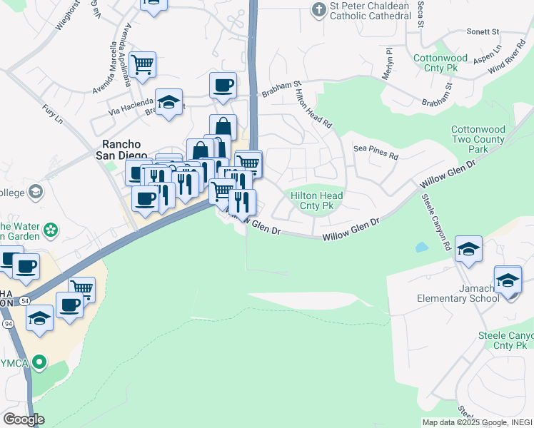 map of restaurants, bars, coffee shops, grocery stores, and more near 2492 Royal Saint James Drive in El Cajon