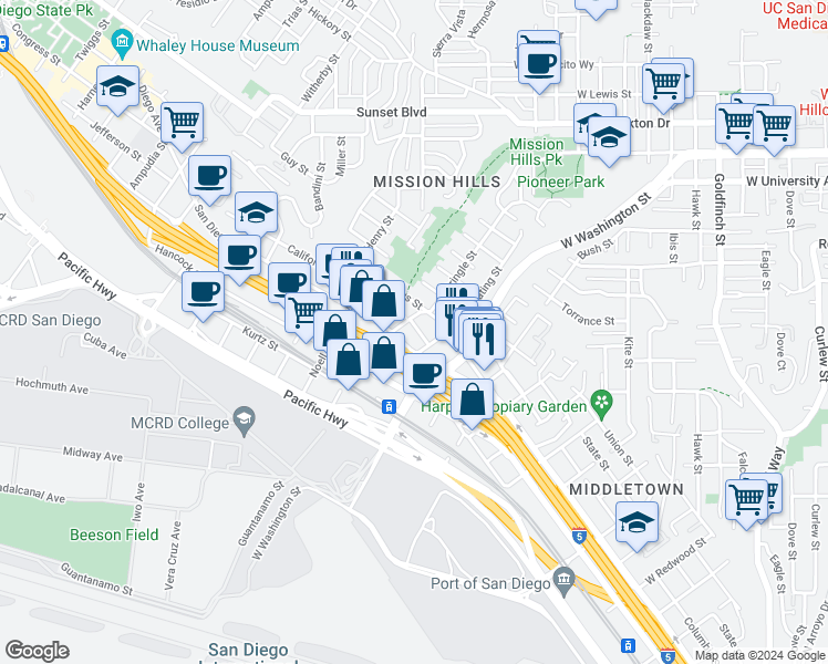 map of restaurants, bars, coffee shops, grocery stores, and more near 3832 Kettner Boulevard in San Diego