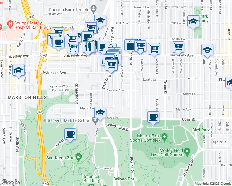 map of restaurants, bars, coffee shops, grocery stores, and more near 3604 Crestwood Place in San Diego