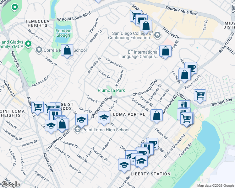 map of restaurants, bars, coffee shops, grocery stores, and more near 3602 Hyacinth Drive in San Diego
