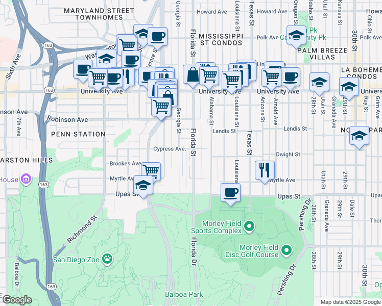 map of restaurants, bars, coffee shops, grocery stores, and more near 3606 Florida Street in San Diego