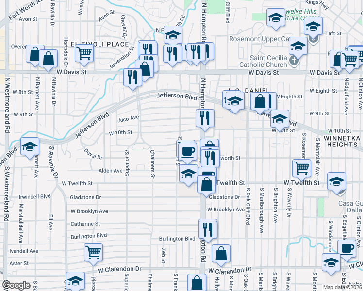 map of restaurants, bars, coffee shops, grocery stores, and more near 2442 Sunset Avenue in Dallas