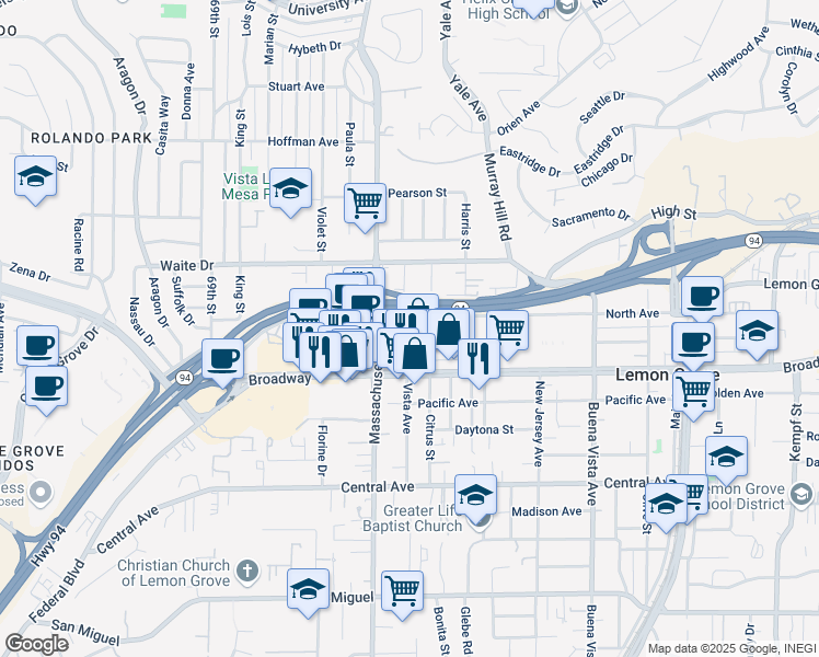 map of restaurants, bars, coffee shops, grocery stores, and more near 7224 Broadway in Lemon Grove