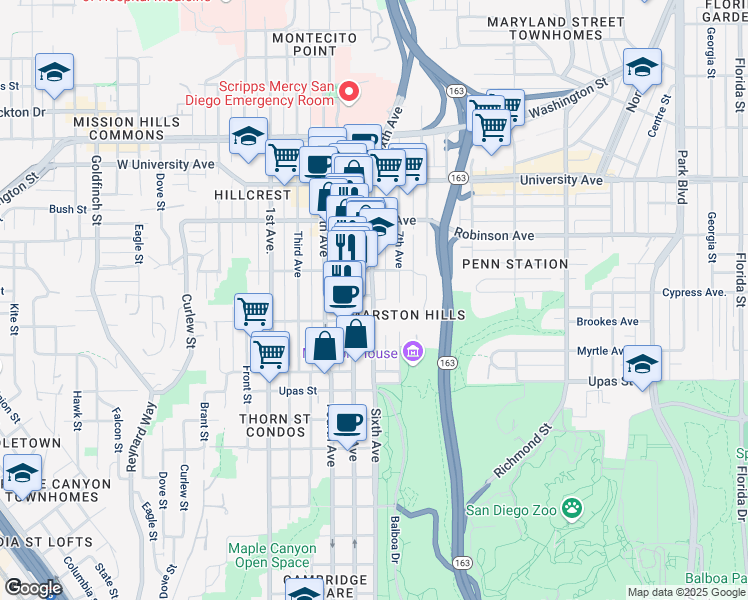 map of restaurants, bars, coffee shops, grocery stores, and more near 3642 Sixth Avenue in San Diego