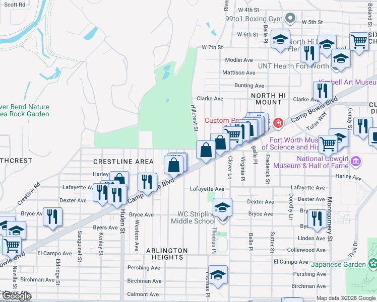 map of restaurants, bars, coffee shops, grocery stores, and more near 1608 Hillcrest Street in Fort Worth
